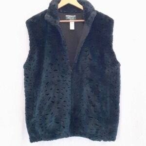 Coldwater Creek Lg Vest‎ Faux Fur Plush Teal Blue Zipper Pockets Mock Neck EUC